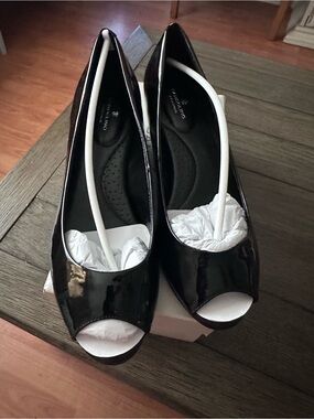 Bandolino Black Patent Open-Toe Wedge Heels
